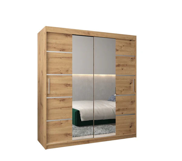 Verona 04 Contemporary 2 Mirrored Sliding Door Wardrobe 9 Shelves 2 Rails Oak Artisan Effect 180cm