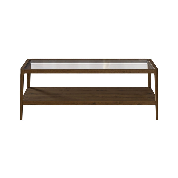 Wooden coffee table with glass top on a white background