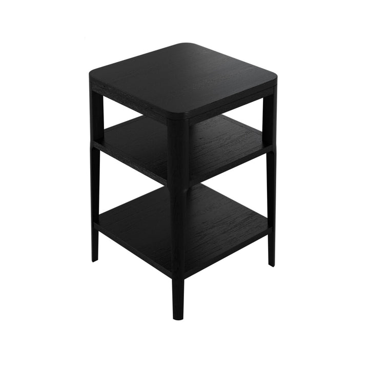 Black two-tier side table on a white background