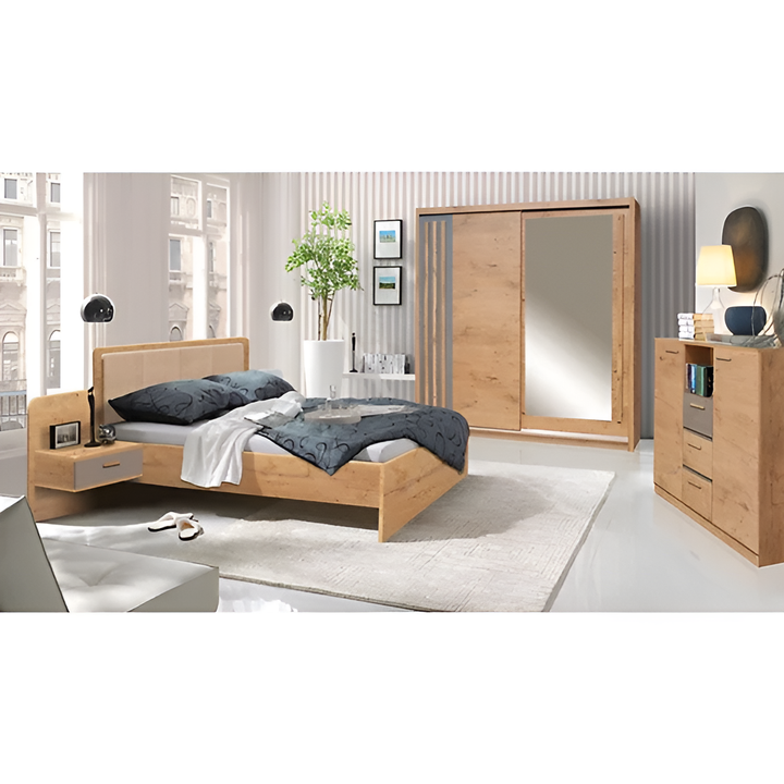 Effect Bed in Oak Lancelot - H101cm D208cm W275cm with Bedsides, Natural and Stylish