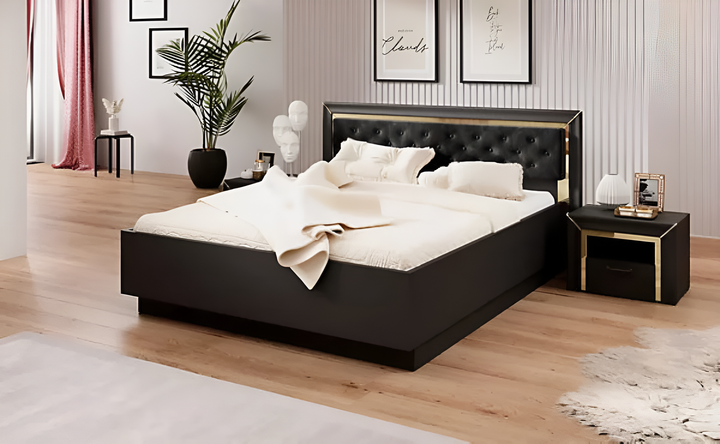 Chic Arno Bed Frame EU King in Black & Gold Trimming - Contemporary Luxury