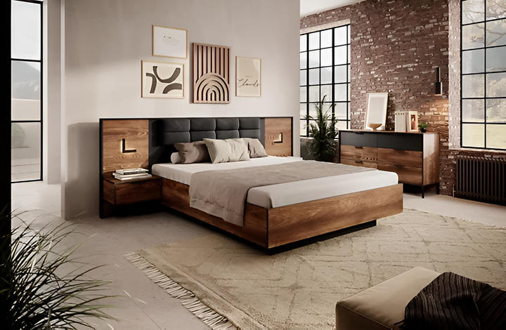 Milton Contemporary Ottoman Bed Frame EU King Size Chestnut Wood Effect & Anthracite
