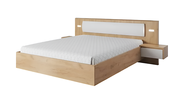 Xelo Contemporary Bed Frame EU King Size with Bedside Cabinets LED Golden Oak Effect & White