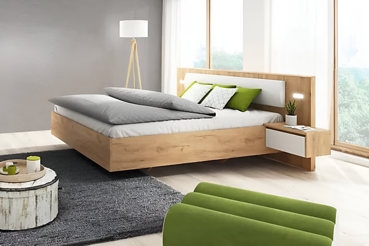 Xelo Contemporary Bed Frame EU King Size with Bedside Cabinets LED Golden Oak Effect & White
