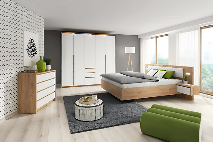 Xelo Contemporary Bed Frame EU King Size with Bedside Cabinets LED Golden Oak Effect & White