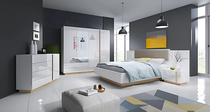 Arco Contemporary Bed Frame EU King Size White Gloss and Grandson Oak Effect