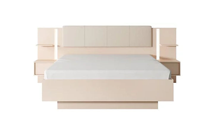 Dast Contemporary Ottoman Bed Frame EU King Size with Bedside Cabinets LED Beige