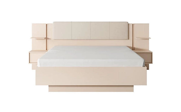 Dast Contemporary Ottoman Bed Frame EU King Size with Bedside Cabinets LED Beige