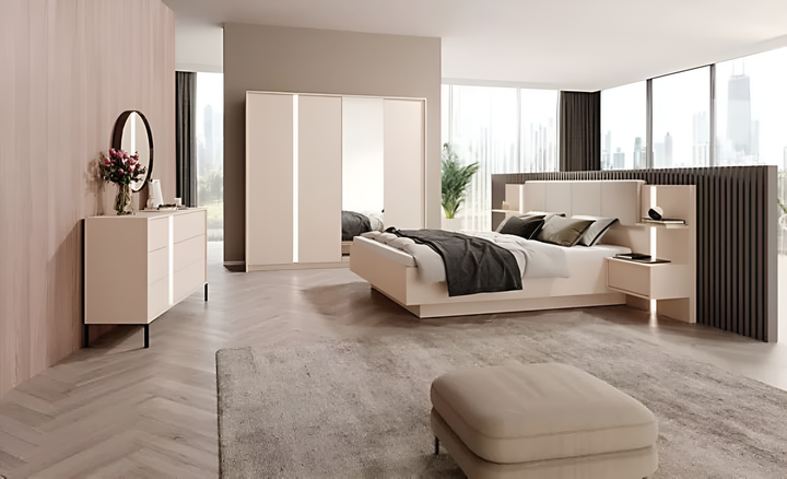 Dast Contemporary Ottoman Bed Frame EU King Size with Bedside Cabinets LED Beige