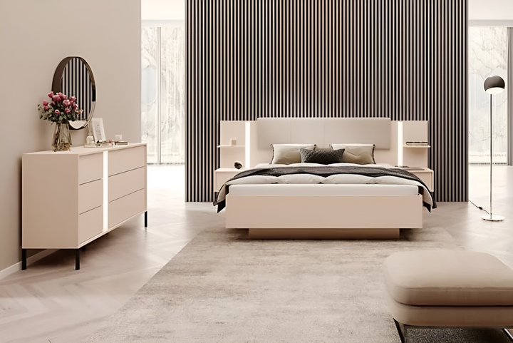 Dast Contemporary Ottoman Bed Frame EU King Size with Bedside Cabinets LED Beige