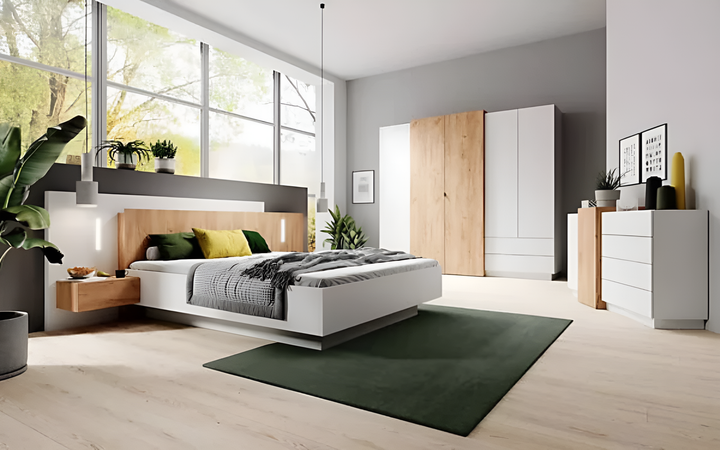 Stockholm Contemporary Ottoman Bed EU King Size Bedside Cabinets LED Gold Craft Oak Effect & White