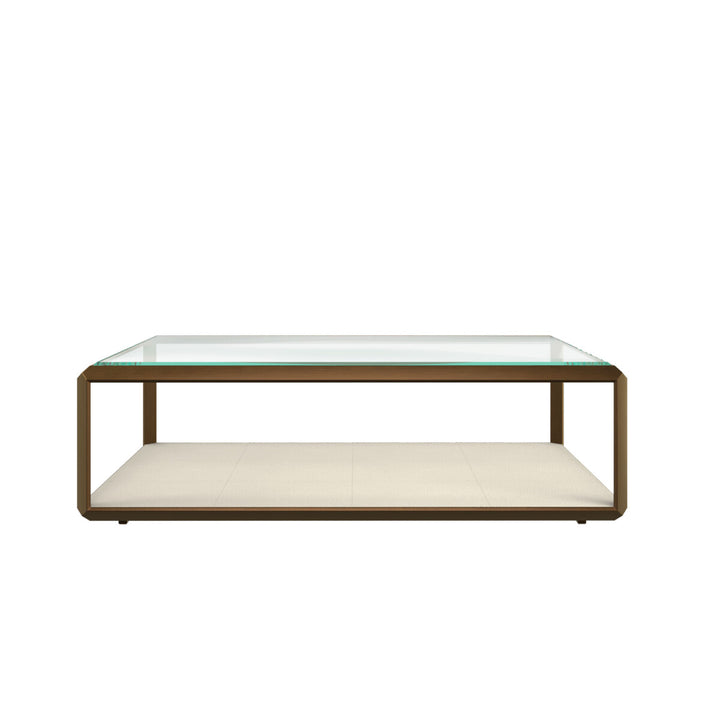 Coffee table with glass top and wooden frame on a white background