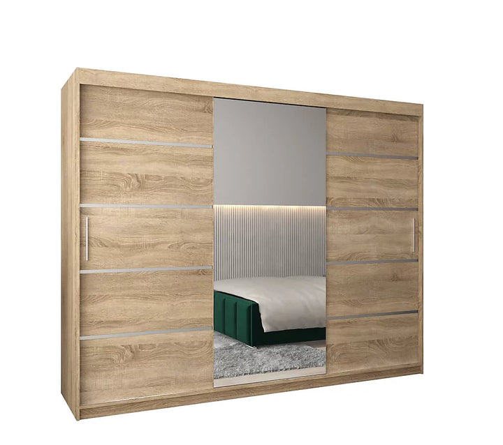 Verona 02 Contemporary 3 Mirrored Sliding Door Wardrobe 9 Shelves 2 Rails Oak Sonoma Effect 250cm