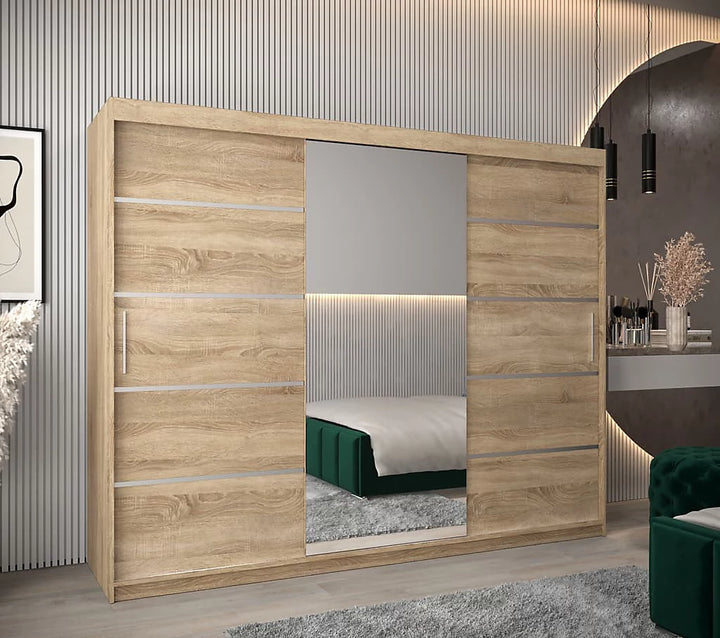 Verona 02 Contemporary 3 Mirrored Sliding Door Wardrobe 9 Shelves 2 Rails Oak Sonoma Effect 250cm