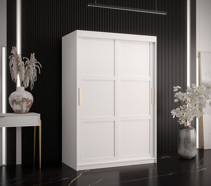 Ramiro I Contemporary 2 Sliding Door Wardrobe 5 Shelves 2 Rails White Matt 120cm