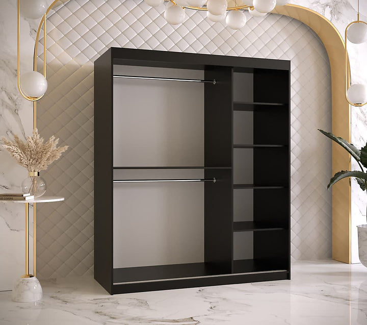 Ramiro I Contemporary 2 Sliding Door Wardrobe 5 Shelves 2 Rails Black Matt 150cm