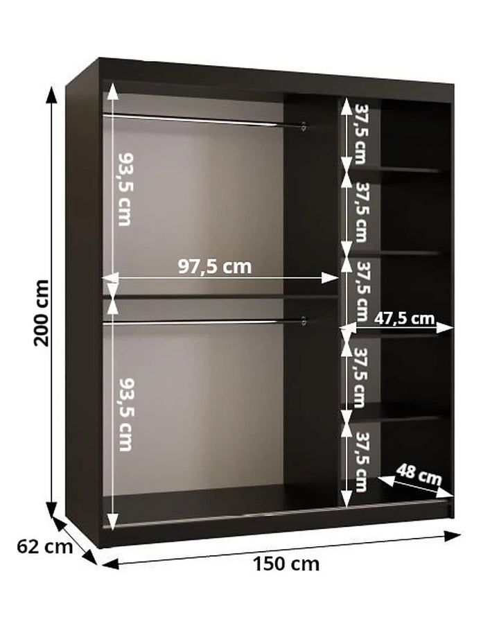 Ramiro I Contemporary 2 Sliding Door Wardrobe 5 Shelves 2 Rails Black Matt 150cm