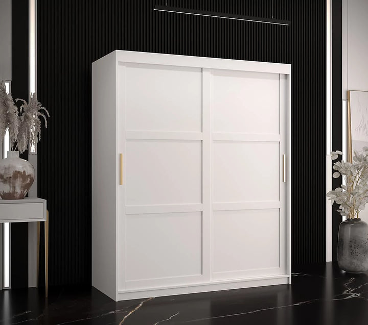 Ramiro I Contemporary 2 Sliding Door Wardrobe 5 Shelves 2 Rails White Matt 150cm