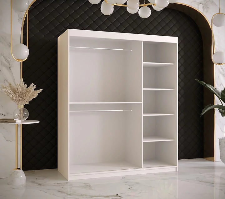 Ramiro I Contemporary 2 Sliding Door Wardrobe 5 Shelves 2 Rails White Matt 150cm
