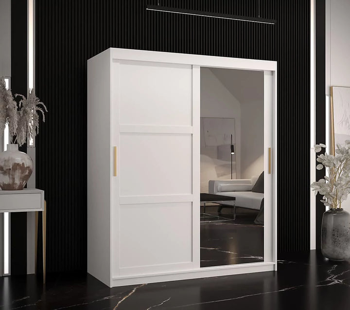Ramiro II Contemporary 2 Sliding Door Wardrobe 5 Shelves 2 Rails White Matt