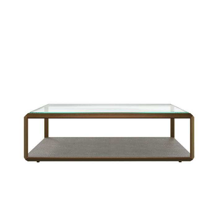 Coffee table with glass top and wooden shelf on a white background
