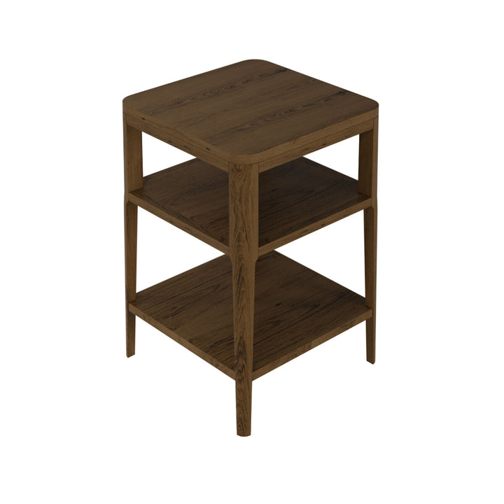 Wooden side table with two shelves on a white background