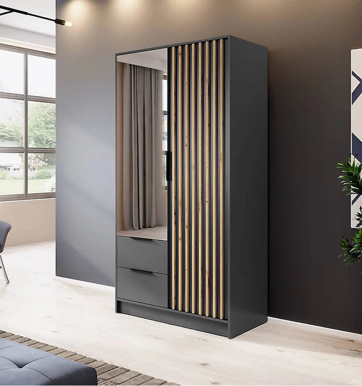 Nelly Contemporary Mirrored Hinged 2 Door Wardrobe Graphite 2 Drawers 4 Shelves 1 Rail Lamela Decor