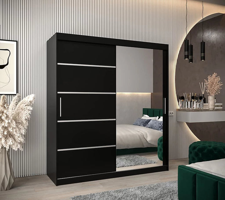 Verona 02 Contemporary 2 Mirrored Sliding Door Wardrobe 9 Shelves 2 Rails Black Matt