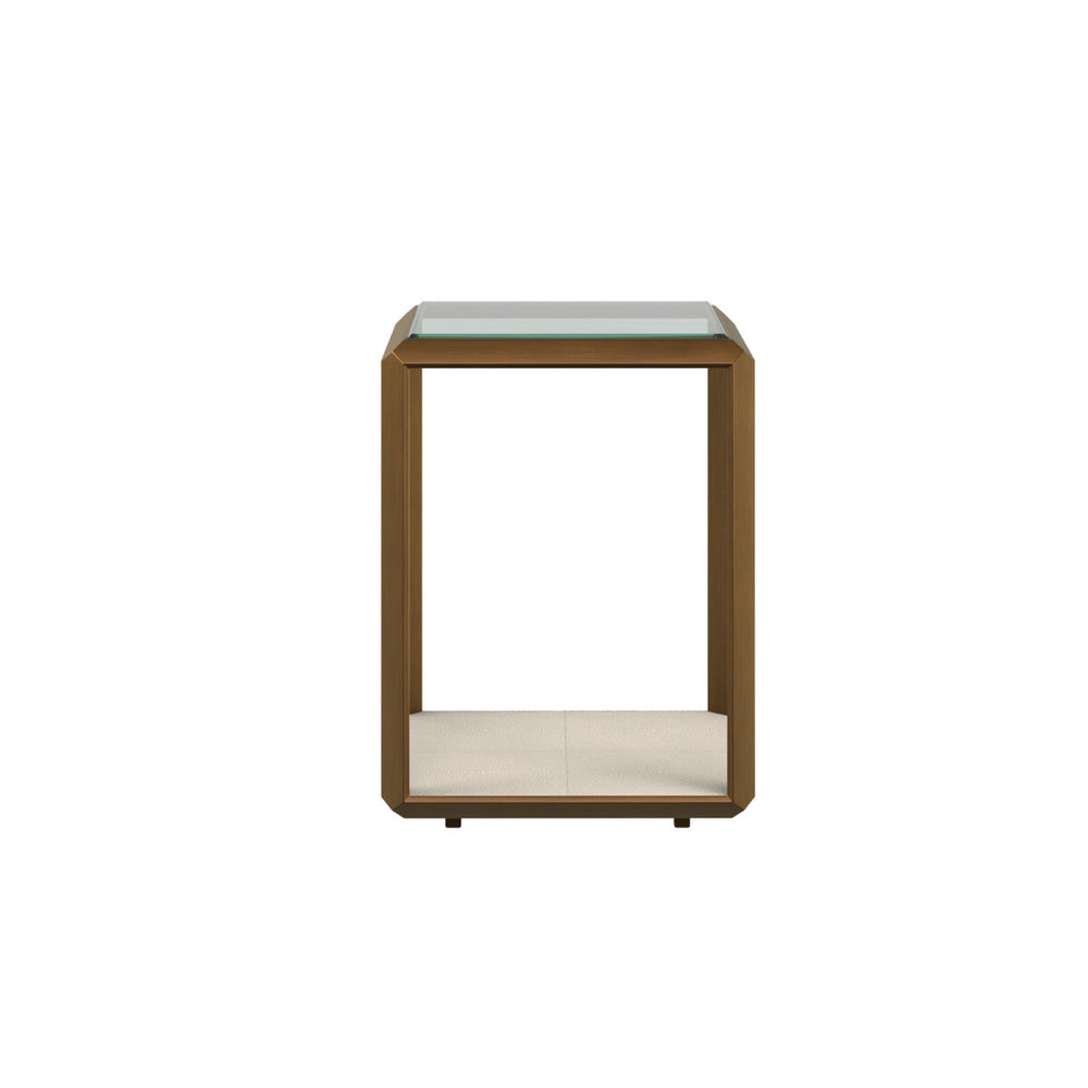Small wooden side table with a glass top on a white background