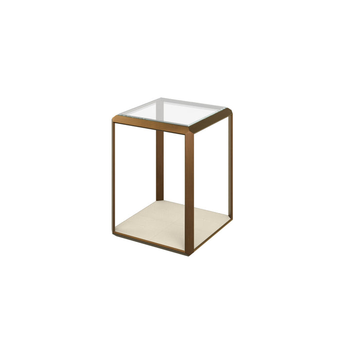 Small side table with glass top and bronze frame on a white background