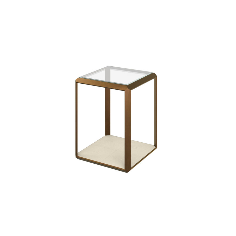 Small side table with glass top and bronze frame on a white background