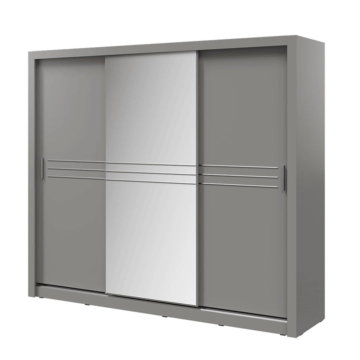 Havana Contemporary Mirrored Sliding 3 Door Wardrobe 10 Shelves 1 Rail 2 Drawers Grey