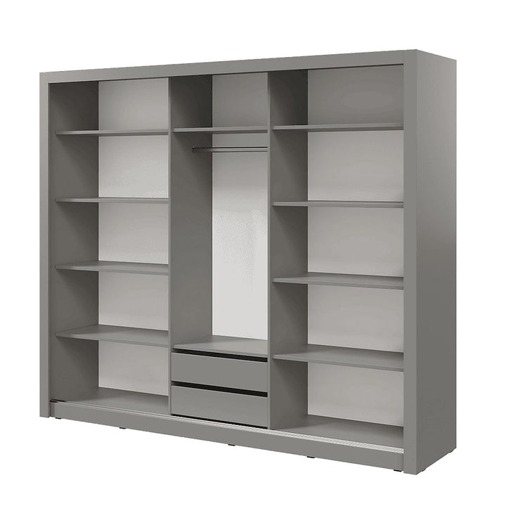 Havana Contemporary Mirrored Sliding 3 Door Wardrobe 10 Shelves 1 Rail 2 Drawers Grey