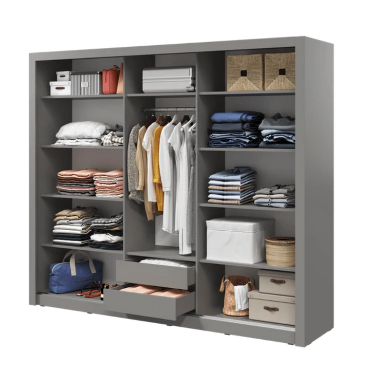 Havana Contemporary Mirrored Sliding 3 Door Wardrobe 10 Shelves 1 Rail 2 Drawers Grey
