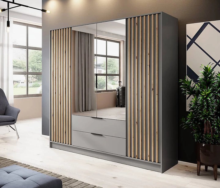 Nelly Contemporary Mirrored Hinged 4 Door Wardrobe Grey 2 Drawers 8 Shelves 1 Rail Lamela Decor
