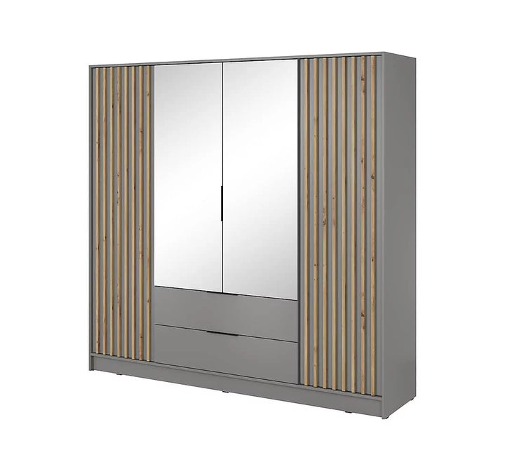 Nelly Contemporary Mirrored Hinged 4 Door Wardrobe Grey 2 Drawers 8 Shelves 1 Rail Lamela Decor