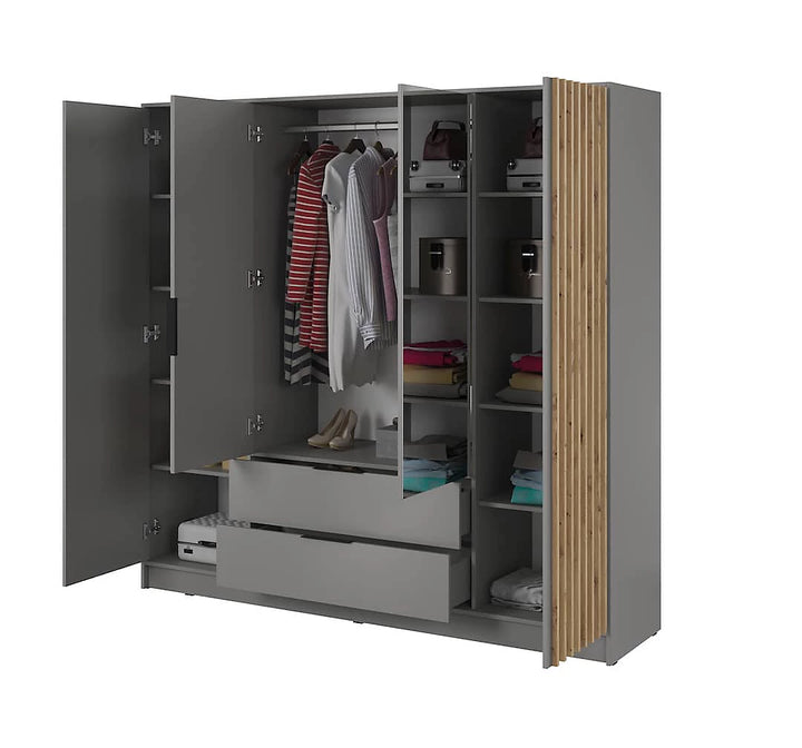 Nelly Contemporary Mirrored Hinged 4 Door Wardrobe Grey 2 Drawers 8 Shelves 1 Rail Lamela Decor