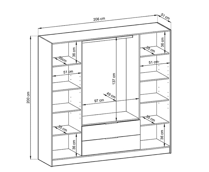 Nelly Contemporary Mirrored Hinged 4 Door Wardrobe Grey 2 Drawers 8 Shelves 1 Rail Lamela Decor