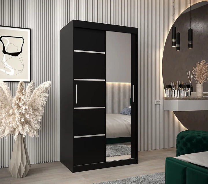 Verona 02 Contemporary 2 Mirrored Sliding Door Wardrobe 5 Shelves 2 Rails Black Matt