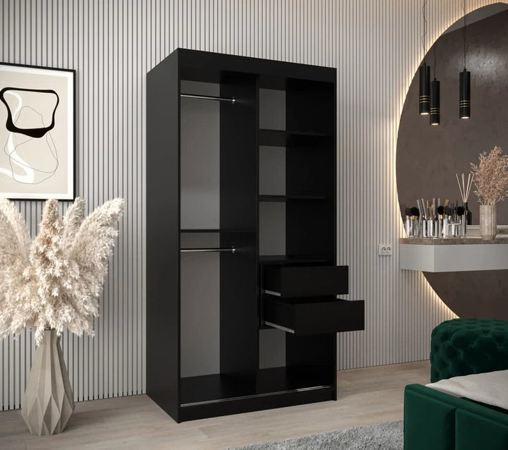 Verona 02 Contemporary 2 Mirrored Sliding Door Wardrobe 5 Shelves 2 Rails Black Matt 100cm