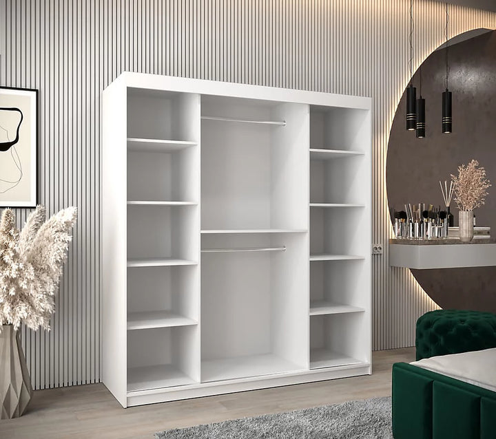 Elypse Contemporary 2 Mirrored Sliding Door Wardrobe 9 Shelves 2 Rails White 180cm