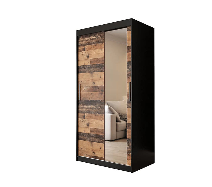 Tilburg 2 Contemporary 2 Mirrored Sliding Door Wardrobe 5 Shelves 2 Rails Dark Oak Effect & Black