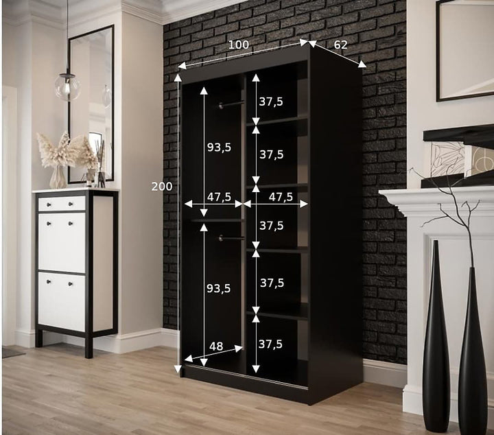 Tilburg 2 Contemporary 2 Mirrored Sliding Door Wardrobe 5 Shelves 2 Rails Dark Oak Effect & Black 100cm
