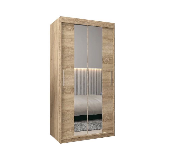 Tokyo 01 Contemporary Mirrored 2 Sliding Door Wardrobe 5 Shelves 2 Rails Oak Sonoma Effect