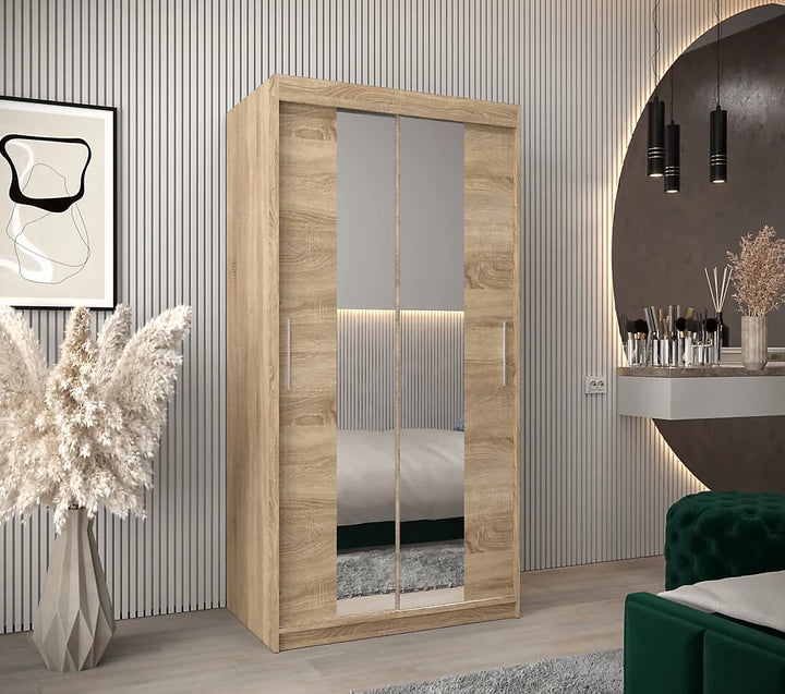 Tokyo 01 Contemporary Mirrored 2 Sliding Door Wardrobe 5 Shelves 2 Rails Oak Sonoma Effect