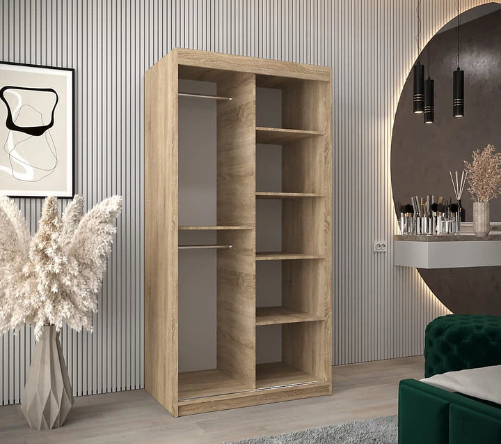 Tokyo 01 Contemporary Mirrored 2 Sliding Door Wardrobe 5 Shelves 2 Rails Oak Sonoma Effect 100cm