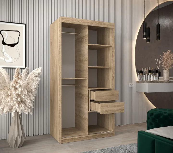 Tokyo 01 Contemporary Mirrored 2 Sliding Door Wardrobe 5 Shelves 2 Rails Oak Sonoma Effect 100cm