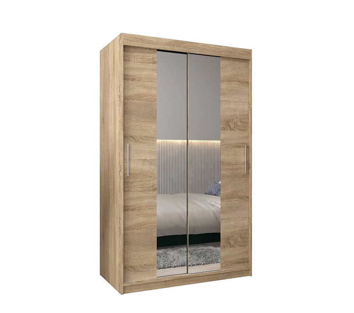 Tokyo 01 Contemporary Mirrored 2 Sliding Door Wardrobe 5 Shelves 2 Rails Oak Sonoma Effect