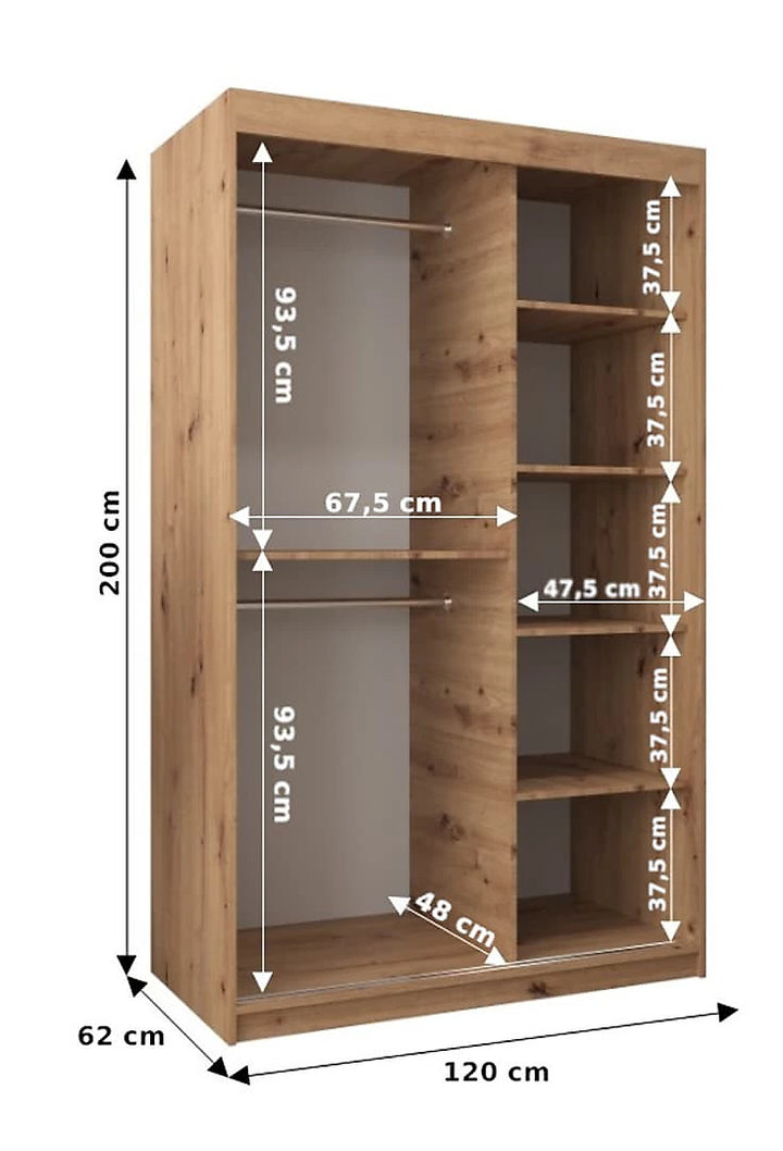 Tokyo 01 Contemporary Mirrored 2 Sliding Door Wardrobe 5 Shelves 2 Rails Oak Sonoma Effect 120cm