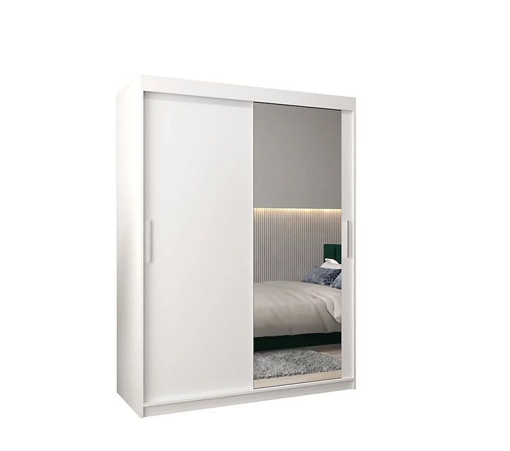 Tokyo 02 Contemporary Mirrored 2 Sliding Door Wardrobe 5 Shelves 2 Rails White Matt